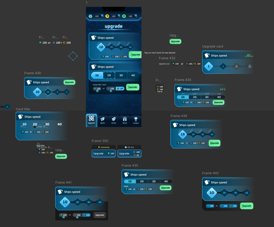 Early design WIP: exploring layouts for the ship upgrade card and upgrade screen